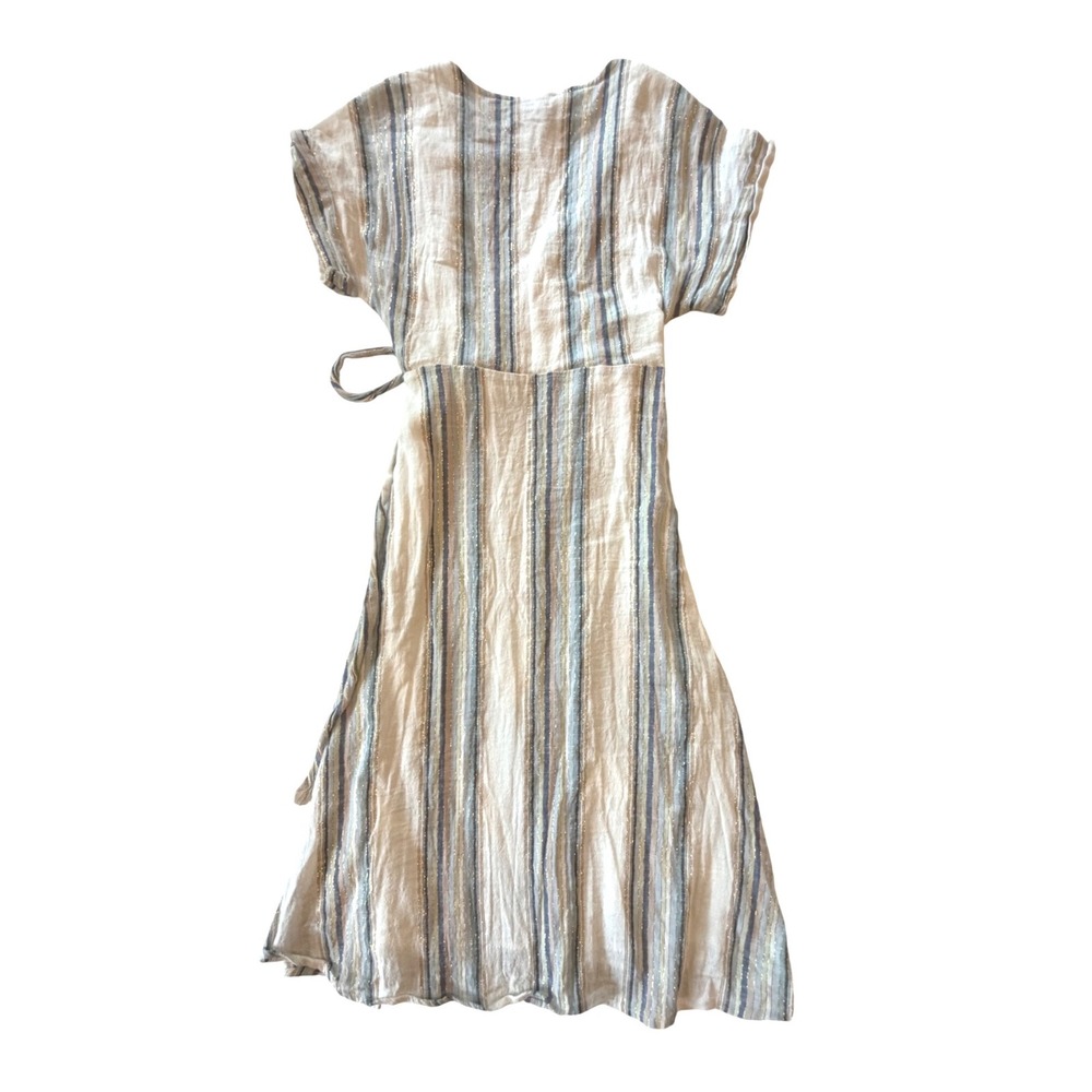 Forever 21 Metallic Striped Wrap Dress Blue Cream Silver Lurex Midi Womens M - Picture 2 of 3